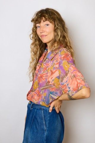 Camisa vintage violeta con flores naranjas - Ropa mujer SusiSweetdress
