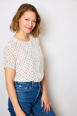 Camisa vintage blanca con topos marrón y negro - Ropa mujer SusiSweetdress