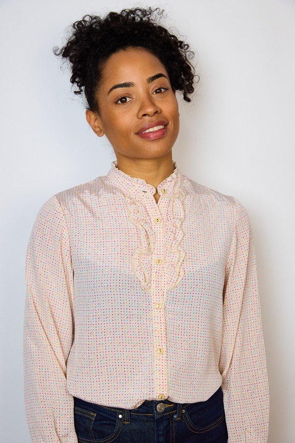 Camisa vintage rosa puntitos violetas - Ropa mujer SusiSweetdress