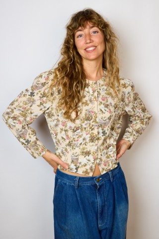 Camisa vintage beis con flores a tonos marrones- Ropa mujer SusiSweetdress