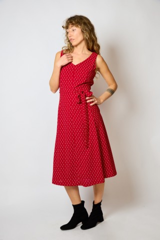 Vestido escotado rojo con estampado pequeño beis- Colección SusiSweetdress