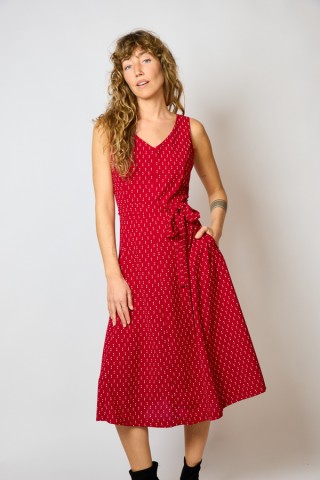 Vestido escotado rojo con estampado pequeño beis- Colección SusiSweetdress