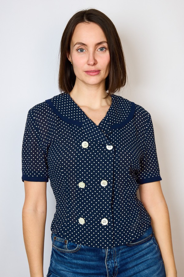 Camisa vintage azul marino topos blancos- Ropa mujer SusiSweetdress