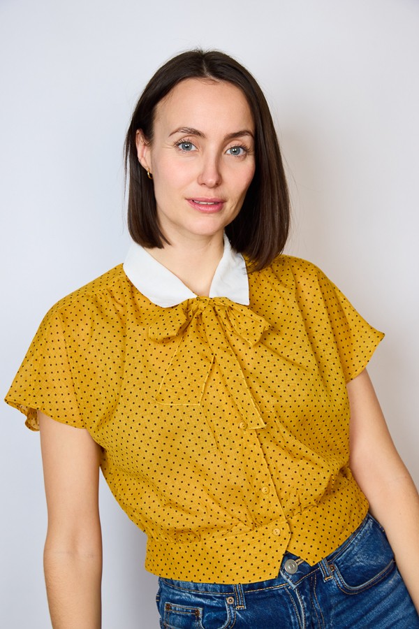 Camisa vintage mostaza con puntos negros y lazo- Ropa mujer SusiSweetdress