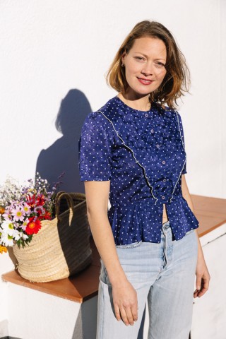 Camisa vintage azul con puntos blancos- Ropa mujer SusiSweetdress