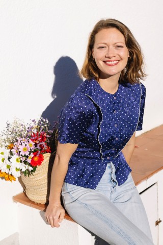 Camisa vintage azul con puntos blancos- Ropa mujer SusiSweetdress