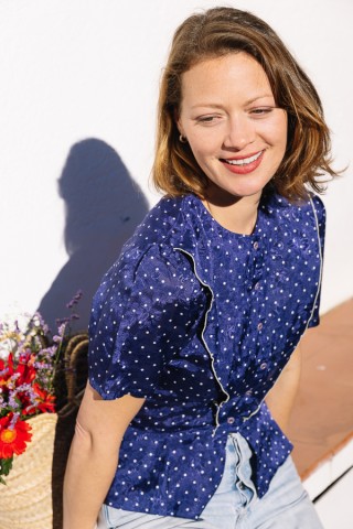 Camisa vintage azul con puntos blancos- Ropa mujer SusiSweetdress