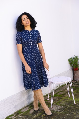 Vestido vintage azul marino con flores blancas - Ropa mujer vintage SusiSweetdress