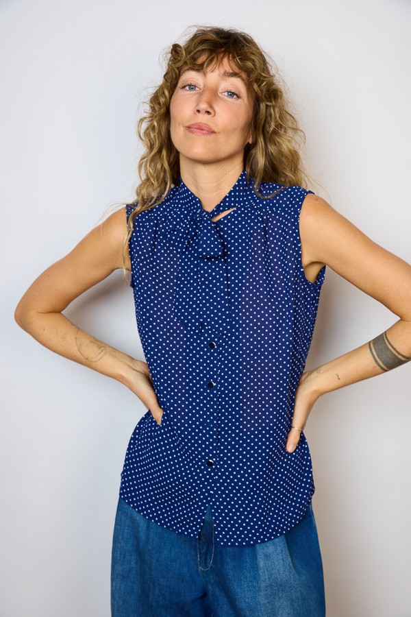 Camisa vintage azul marino puntitos blancos- Ropa mujer SusiSweetdress
