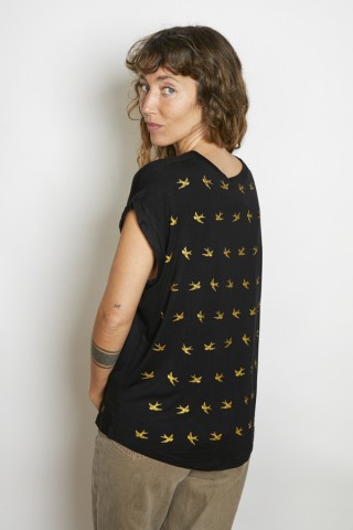 Camiseta SusiSweetdress negra con pájaros dorados- Ropa mujer SusiSweetdress