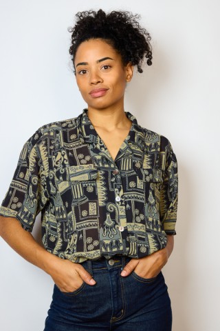 Camisa vintage negra estampado en beige- Ropa mujer SusiSweetdress