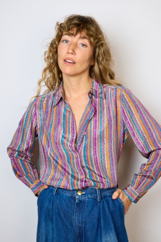 Camisa vintage bronce estampada en fucsia, amarillo- Ropa mujer SusiSweetdress