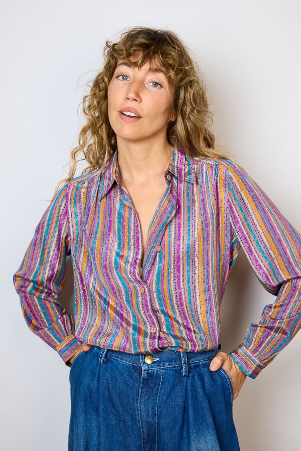 Camisa vintage bronce estampada en fucsia, amarillo- Ropa mujer SusiSweetdress