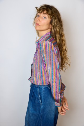 Camisa vintage bronce estampada en fucsia, amarillo- Ropa mujer SusiSweetdress