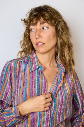 Camisa vintage bronce estampada en fucsia, amarillo- Ropa mujer SusiSweetdress
