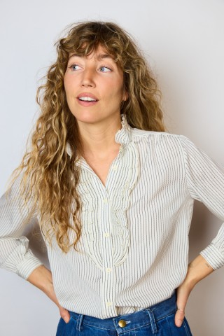 Camisa vintage blanca con finas rayas negras- Ropa mujer SusiSweetdress