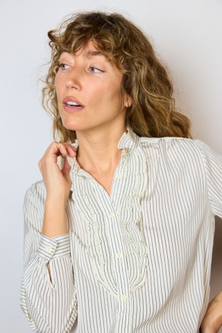 Camisa vintage blanca con finas rayas negras- Ropa mujer SusiSweetdress