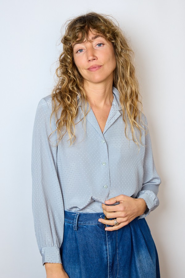 Camisa vintage gris azulado con cuello bordado- Ropa mujer SusiSweetdress