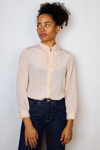 Camisa vintage beige rosado estampado de hojas- Ropa mujer SusiSweetdress