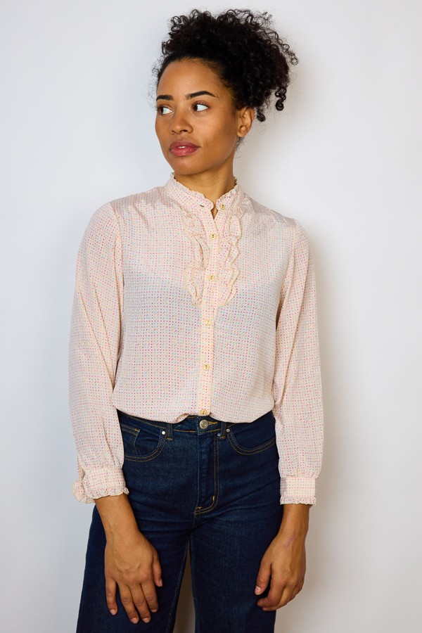 Camisa vintage beige rosado estampado de hojas- Ropa mujer SusiSweetdress