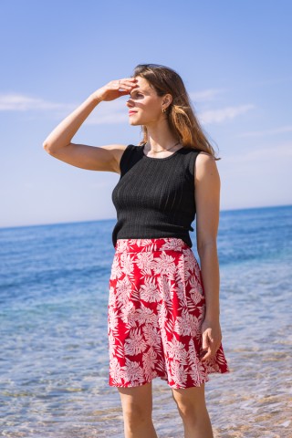 Falda midi cruzada roja con hojas blancas tropicales - Ropa mujer SusiSweetdress
