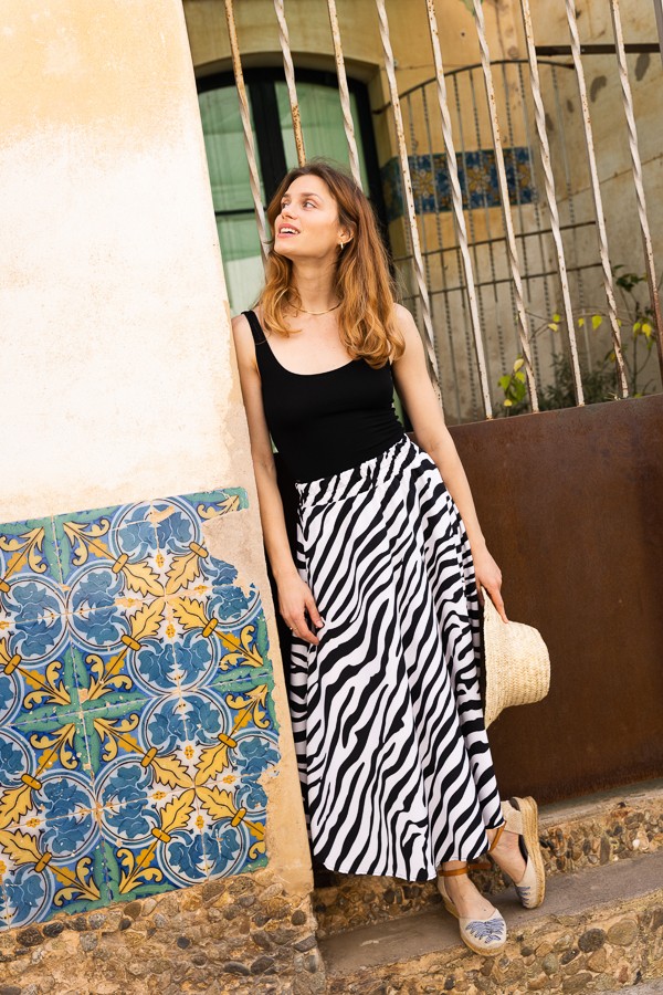 Falda maxi larga blanca estampado zebra con bolsillos- Ropa mujer SusiSweetdress