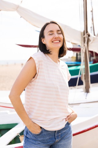 Camiseta SusiSweetdress blanca con rayas rosas pastel- Ropa mujer SusiSweetdress