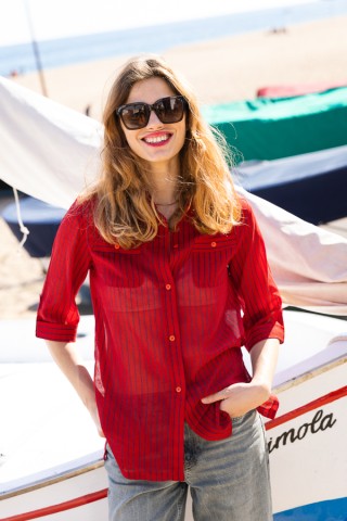 Camisa vintage roja con rayas azules- Ropa mujer SusiSweetdress