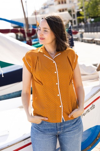 Camisa vintage mostaza con puntitos blancos- Ropa mujer SusiSweetdress