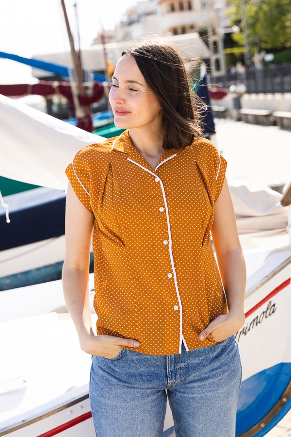 Camisa vintage mostaza con puntitos blancos- Ropa mujer SusiSweetdress