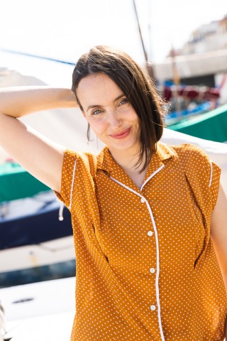 Camisa vintage mostaza con puntitos blancos- Ropa mujer SusiSweetdress