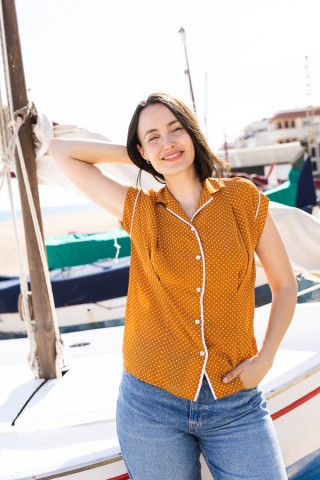 Camisa vintage mostaza con puntitos blancos- Ropa mujer SusiSweetdress
