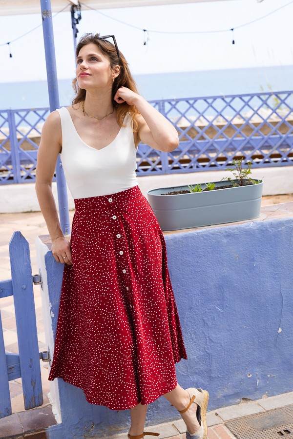 Falda larga roja con puntos blancos con botones- Ropa mujer SusiSweetdress