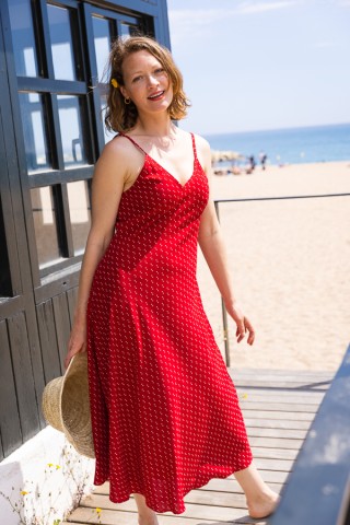Vestido rojo estampado beis con tirantes- Colección SusiSweetdress