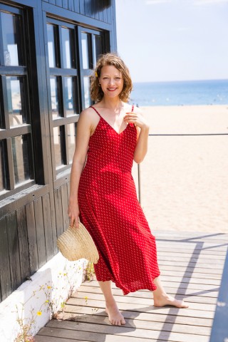 Vestido rojo estampado beis con tirantes- Colección SusiSweetdress