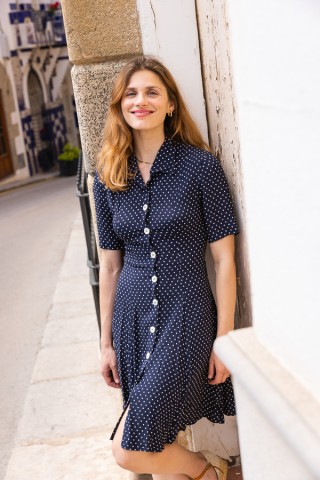 Vestido vintage azul marino con topitos blancos - Ropa mujer vintage SusiSweetdress