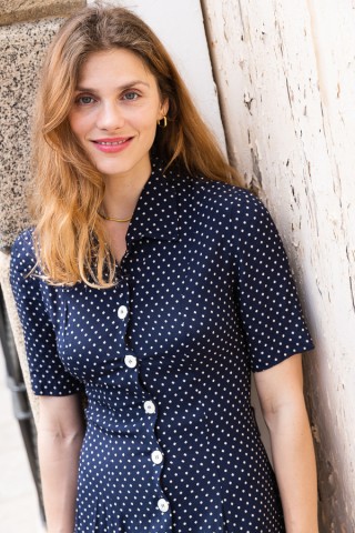 Vestido vintage azul marino con topitos blancos - Ropa mujer vintage SusiSweetdress