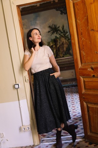 Falda maxi larga negra chipeado blanco con bolsillos- Ropa mujer SusiSweetdress