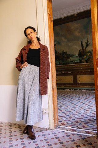 Falda maxi larga gris con chispeado negro con bolsillos- Ropa mujer SusiSweetdress