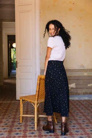 Falda larga de pana negra con flores amarillas pastel con botones- Ropa mujer SusiSweetdress