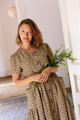 Vestido vintage marrón claro con florecitas marrones - Ropa mujer vintage SusiSweetdress