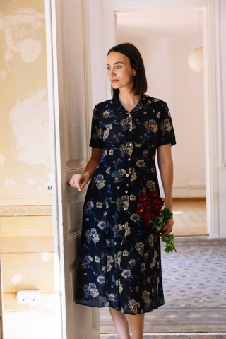 Vestido vintage azul marino con flores beis - Ropa mujer vintage SusiSweetdress
