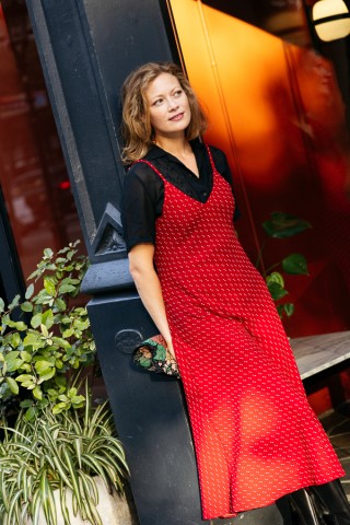 Vestido rojo estampado beis con tirantes- Colección SusiSweetdress
