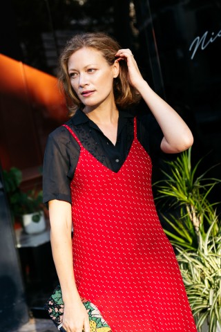 Vestido rojo estampado beis con tirantes- Colección SusiSweetdress