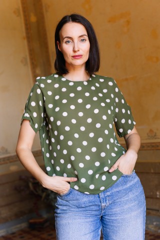 Camisa vintage kaki con topos blancos- Ropa mujer SusiSweetdress