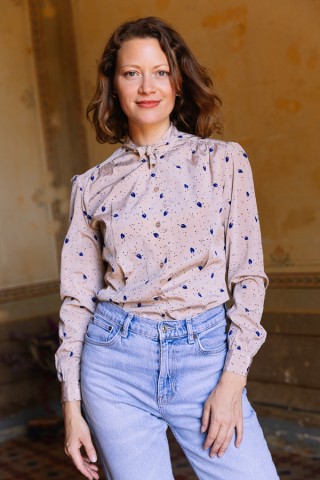 Camisa vintage rosa palo con hojas azul oscuras- Ropa mujer SusiSweetdress